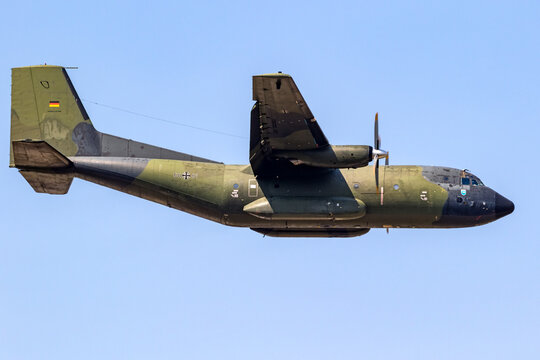 German Air Force Luftwaffe Transall C-160 military transport plane in flight over Germany.