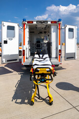 Emergency stretcher and EMS ambulance with open door