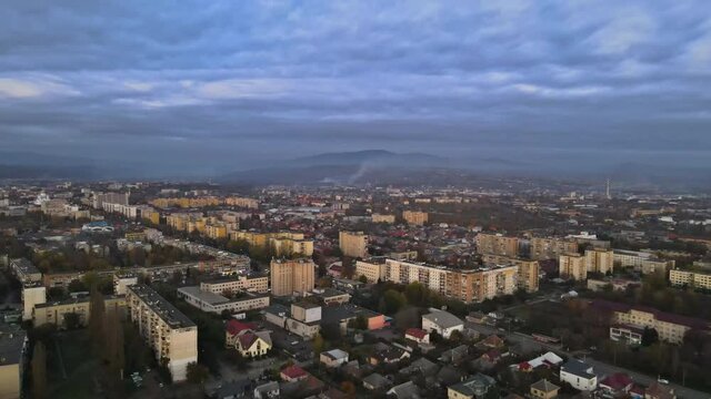 View of the city from the mountain of the Uzhhorod Castle, Zakarpattya Ukraine of the foggy during sunrise view