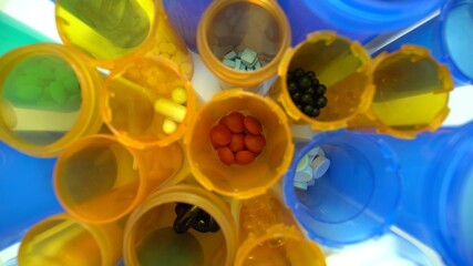 Macro shot of various pills, relive and treatment symptom concept, painkiller, placebo. Clinical trials research and development medicines. Antibiotics, anti-viral drugs.