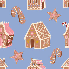 Cute Christmas vector pattern with gingerbread houses, star, and candy cane cookies on pastel blue background. Winter holidays, sweet, for kids, festive, treats, new year, Christmas market