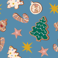 Cute Christmas pattern with golden stars, Christmas trees, bell, ball, candy cane gingerbread cookies on blue background. Winter holidays, sweet, for kids, festive, treats, new year, Christmas market