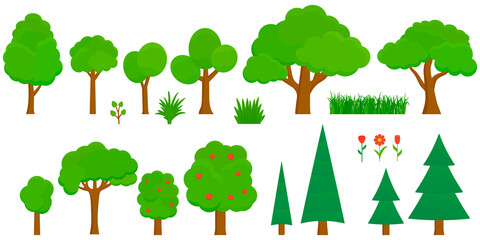 Collection of flat vector trees isolated on white background for environmental or game design.