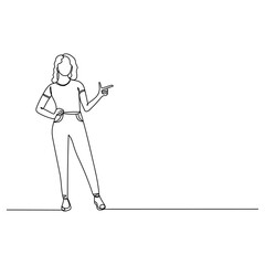 Full size vector illustration of girl point index finger.  One line drawing. Vector illustration continuous line drawing.