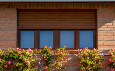 Large wooden window with flowers