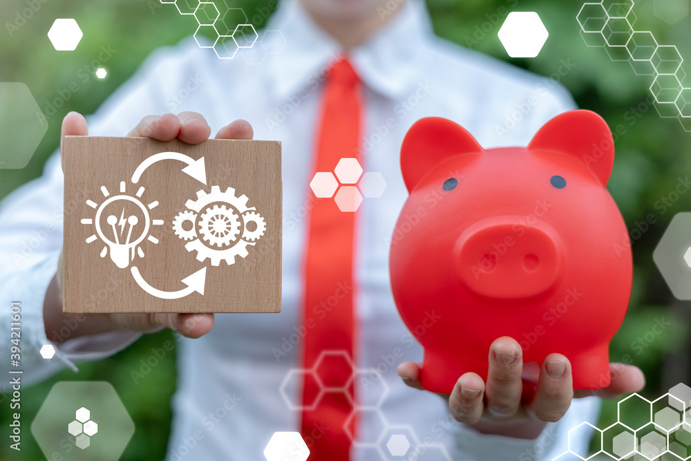 Poster implementation idea business concept. implement modern money investment banking technology.