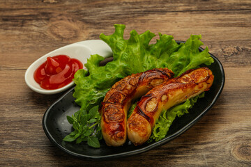 Roasted chicken white sausages with ketchup