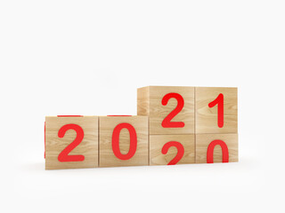 Wooden cubes with changing numbers for the new year 2021, isolated on white. 3d illustration