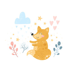 Greeting card cute cartoon fox with flower on a white background. Baby shower card. Vector print.