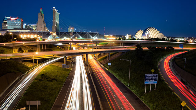 image of the Kansas City skyline and busy highway system leading to the city.