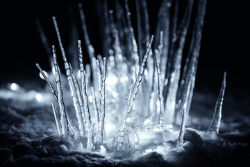 magnificent illuminated winter icicles in snow at dark night