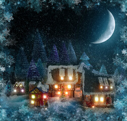 Holiday winter night in the village