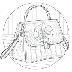 Bag with flower.Coloring book antistress for children and adults.Zen-tangle style.Black and white drawing