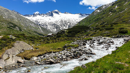 Fototapeta na wymiar A rushing torrent in the Austrian Alps. The meadow around it is overgrown with lush green grass. In the back there is a glacier. Sunny and bright day. Power of the nature. Remedy and serenity