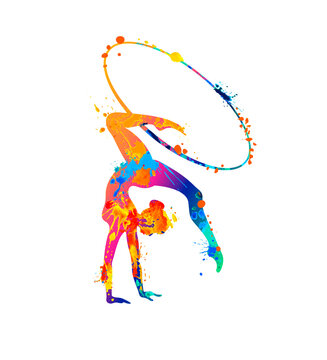 Rhythmic gymnastics girl with hoop. Vector dancer silhouette of splash paint