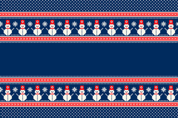 Christmas Pixel Pattern with Snowman Ornament. Traditional Nordic Seamless Striped Ornament. Vector Winter Holiday Background for the Greeting Text or Logo.
