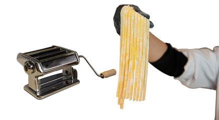 Chef holding fresh pasta on isolated white background