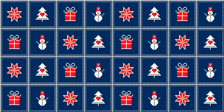 Winter Holiday Pixel Pattern with a Christmas Symbols. Snowflake, Christmas Tree, Present Box and Snowman Ornament. Vector Scheme for Knitted Sweater Pattern Design or Cross Stitch Embroidery.