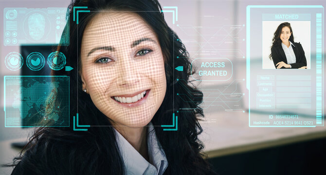Facial recognition technology scan and detect people face for identification . Future concept interface showing digital biometric security system that analyze human face to verify personal data . - Powered by Adobe