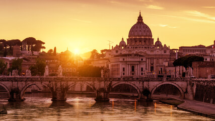Sunny view of St Peter's Basilica in Vatican at sunset, Rome, Italy