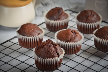Chocolate muffins on a black metal grill on a gray background.