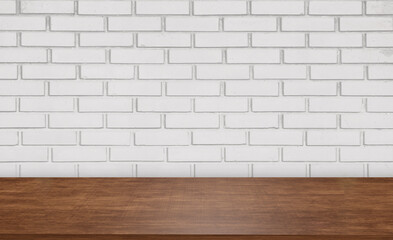 front view wooden table on brick wall background