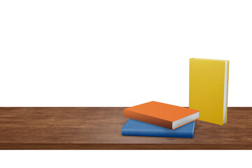 top view book  standing wooden table on white wall