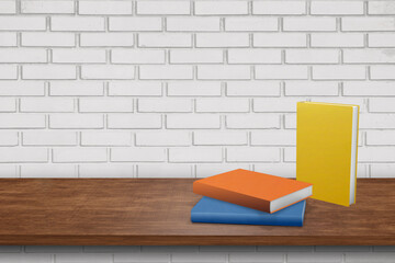 top view book  standing wooden table on white wall