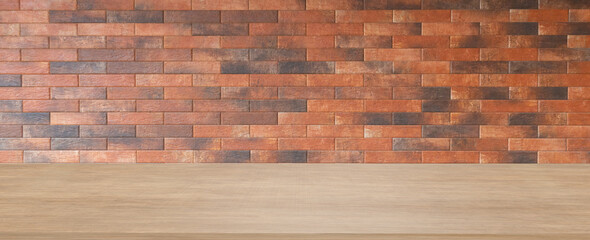 front view wooden table on brick wall background