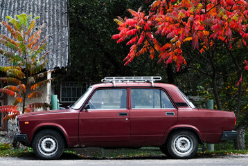 Vintage red car and tree with red leaves in the autumn. Rural street with old car parked.