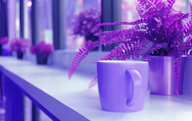 Coffee cup on the table by the window in pop art style purple color	