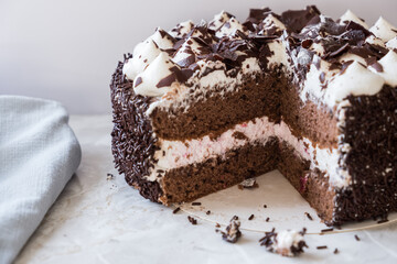 Cake Black forest, traditional german cake. Closeup