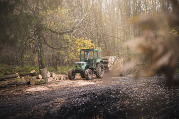 Old green tractor with trailer loaded with logs. Forestry tractor or forestry tractor for harvesting wood in the forest