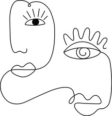 Abstract minimalistic faces art. One line drawing