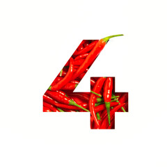 Number four made of red chili pepper, paper cut in shape of fourth numeral isolated on white....