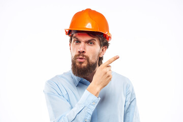 Emotional man Construction worker orange hard hat engineer Professional