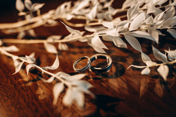 Wedding rings. Gold rings are boxed. Preparing for the wedding. Wedding attributes.