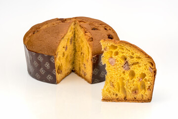 Panettone with marron glace, cake with cut slice ready to celebrate Christmas, isolated on white