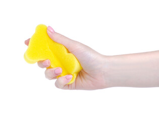 Baby bath sponges in hand on white background isolation