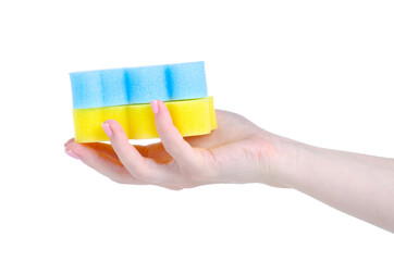 Baby bath sponges in hand on white background isolation