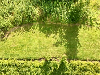 View from above over a green natural area outside. A Swedish lawn and some bushes or trees. Sunny day during the summer. Järfälla, Stockholm, Sweden.