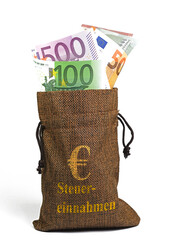 Geldsack mit Banknoten und dem Aufdruck Steuereinnahmen