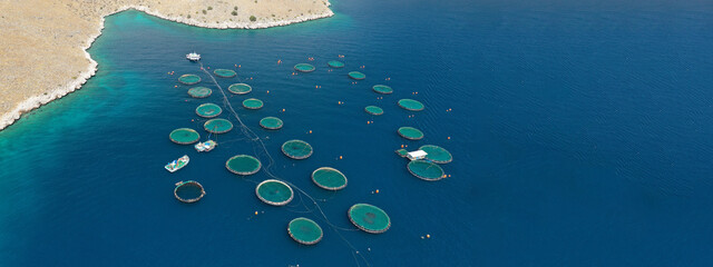 Aerial drone ultra wide panoramic photo of large fish farming unit of sea bass and sea bream in...