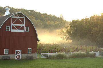 Red barn on a foggy autumn morning © Gregory Borgstahl