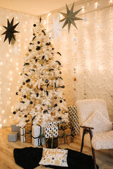 New Year's decor, a room with New Year's locations, a large and beautiful Christmas tree, a lot of lights from a garland, beautiful bokeh, details of the New Year's interior, Christmas decor