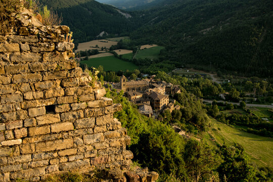 A great view during the sunset of the small town of Boltaña from its castle, in the Aragonese Pyrenees (Huesca, northern Spain)