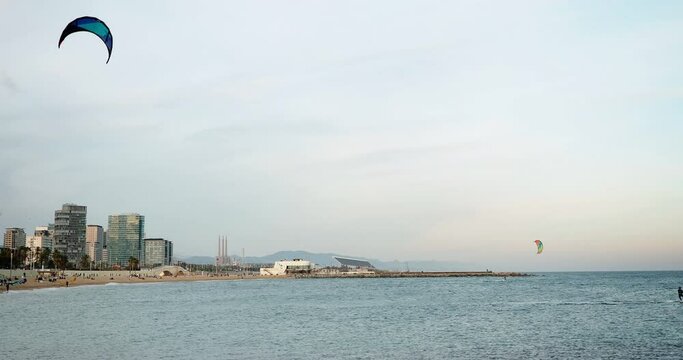windand kite surfers in barcelona