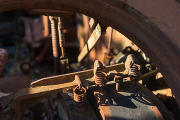 Part of abandoned rusty soviet tank, radioactive graveyard near ghost town Pripyat