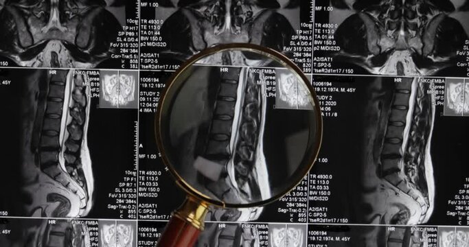 MRI lumbar spine background, magnetic resonance tomography. Doctor examines MRI of lumbar spine with pinched discs of spine and nerves.