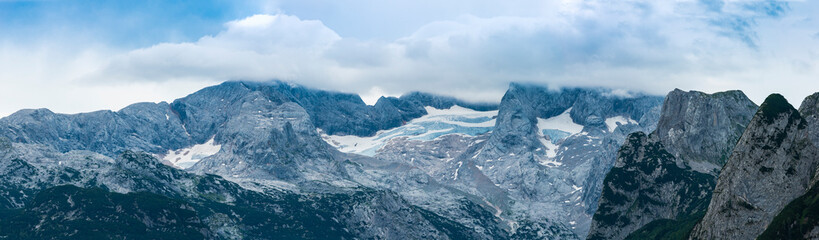 Alps, Panorama of Austrian Mountain With Snow And Ice, Mountain Peak above Clouds, Austria